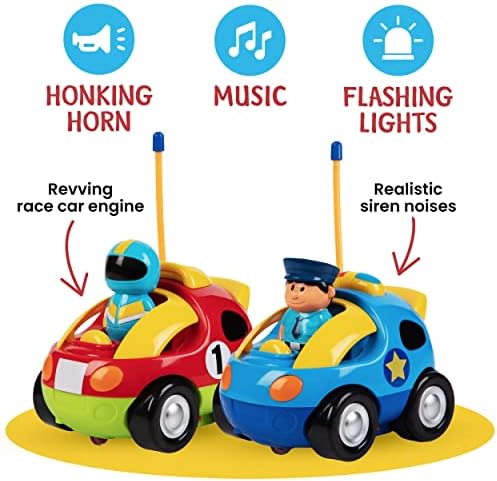 2 Pack Cartoon Remote Control Cars - Police Car and Race Car - Radio Control Toys for Kids, Boys & Girls