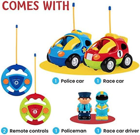 2 Pack Cartoon Remote Control Cars - Police Car and Race Car - Radio Control Toys for Kids, Boys & Girls