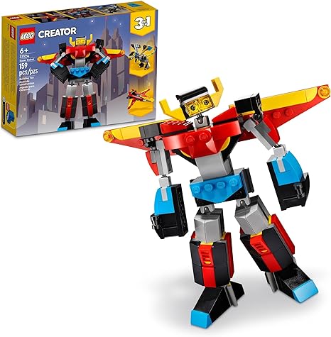  Roll over image to zoom in LEGO Creator 3 in 1 Super Robot Building Kit, Kids Can Build a Toy Robot or a Toy Dragon, or a Model Jet Plane, Makes a Creative Gift for Kids, Boys, Girls Age 7+ Years Old, 31124