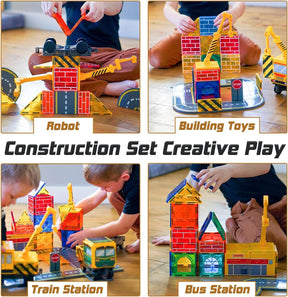 Magnetic Tiles Magnetic Construction Set with 2 Cranes Boys Toys Building Toys Includes Crane, Road Tracks, Train, Train Tracks, Dolls, Car Toy, Traffic Lights and Stations