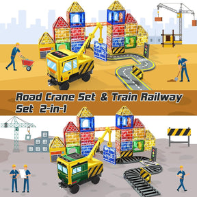 Magnetic Tiles Magnetic Construction Set with 2 Cranes Boys Toys Building Toys Includes Crane, Road Tracks, Train, Train Tracks, Dolls, Car Toy, Traffic Lights and Stations