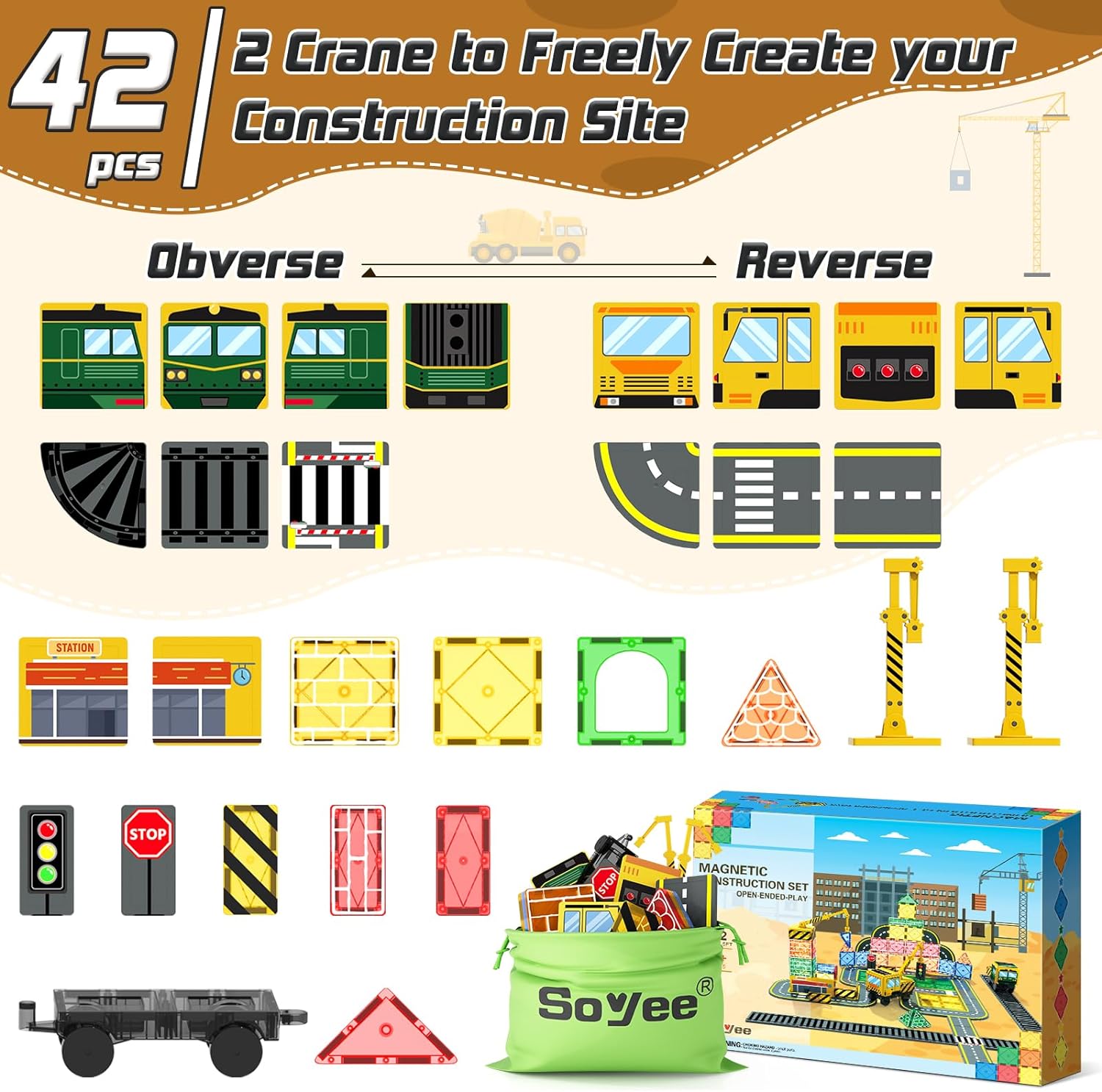 Magnetic Tiles Magnetic Construction Set with 2 Cranes Boys Toys Building Toys Includes Crane, Road Tracks, Train, Train Tracks, Dolls, Car Toy, Traffic Lights and Stations