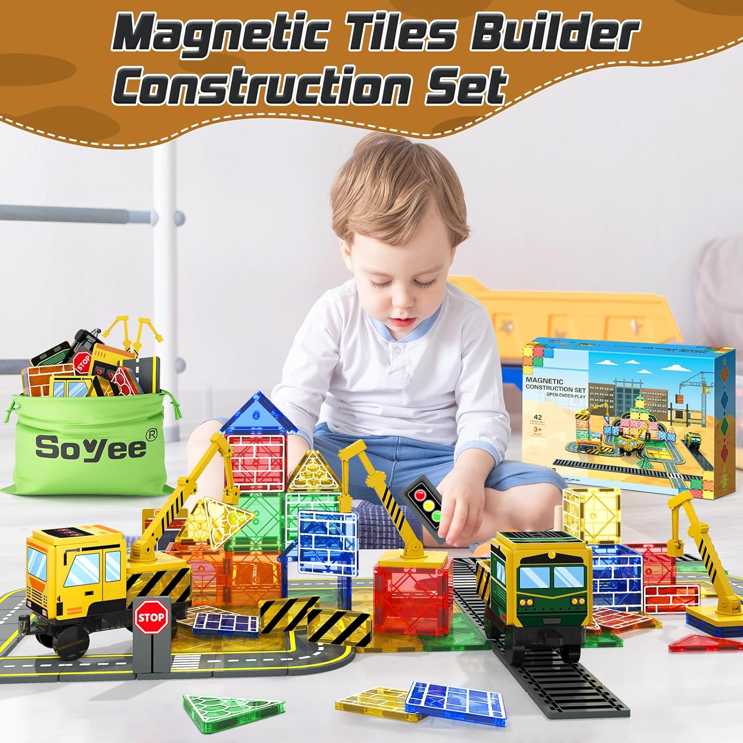 Magnetic Tiles Magnetic Construction Set with 2 Cranes Boys Toys Building Toys Includes Crane, Road Tracks, Train, Train Tracks, Dolls, Car Toy, Traffic Lights and Stations