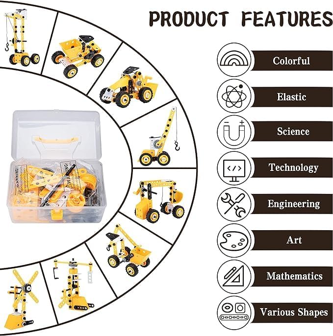 STEM 8 in1 DIY Toy Creative Set. Educational Kids Building Toys for Preschool Kids. Mechanical Engineering Gift Sets for Ages 5+,Contains a Fine Plastic Storage Bucket