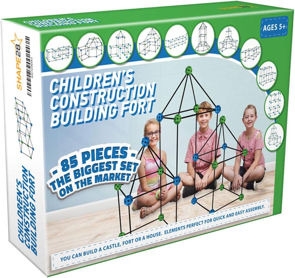 Construction Fort Building Kit - 85 Pieces with Storage Bag - Blue and Green STEM Building KIT Gift for Kids