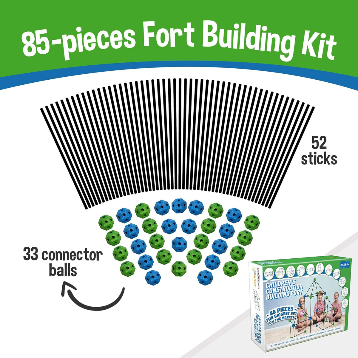 Construction Fort Building Kit - 85 Pieces with Storage Bag - Blue and Green STEM Building KIT Gift for Kids