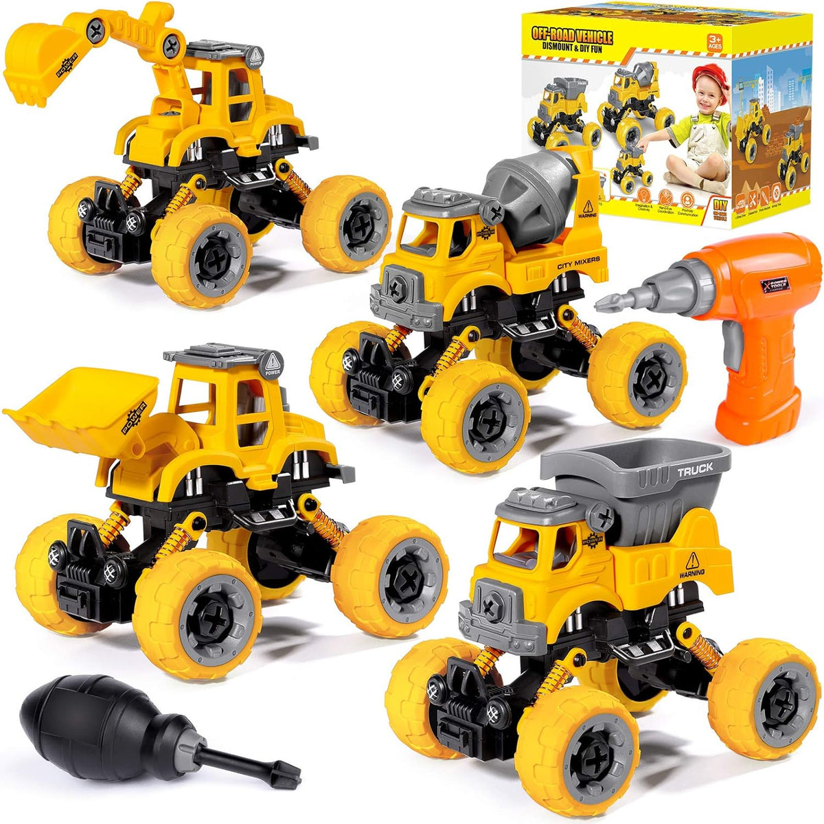 4PCS Take Apart Toys for 4 Year Old Boys Construction Toys with Electric Drill DIY Assembly Building Stem Toys Trucks Gifts for 3 4 5 6 7 8 Year Old Boys Girls Kids Learning Educational Toys