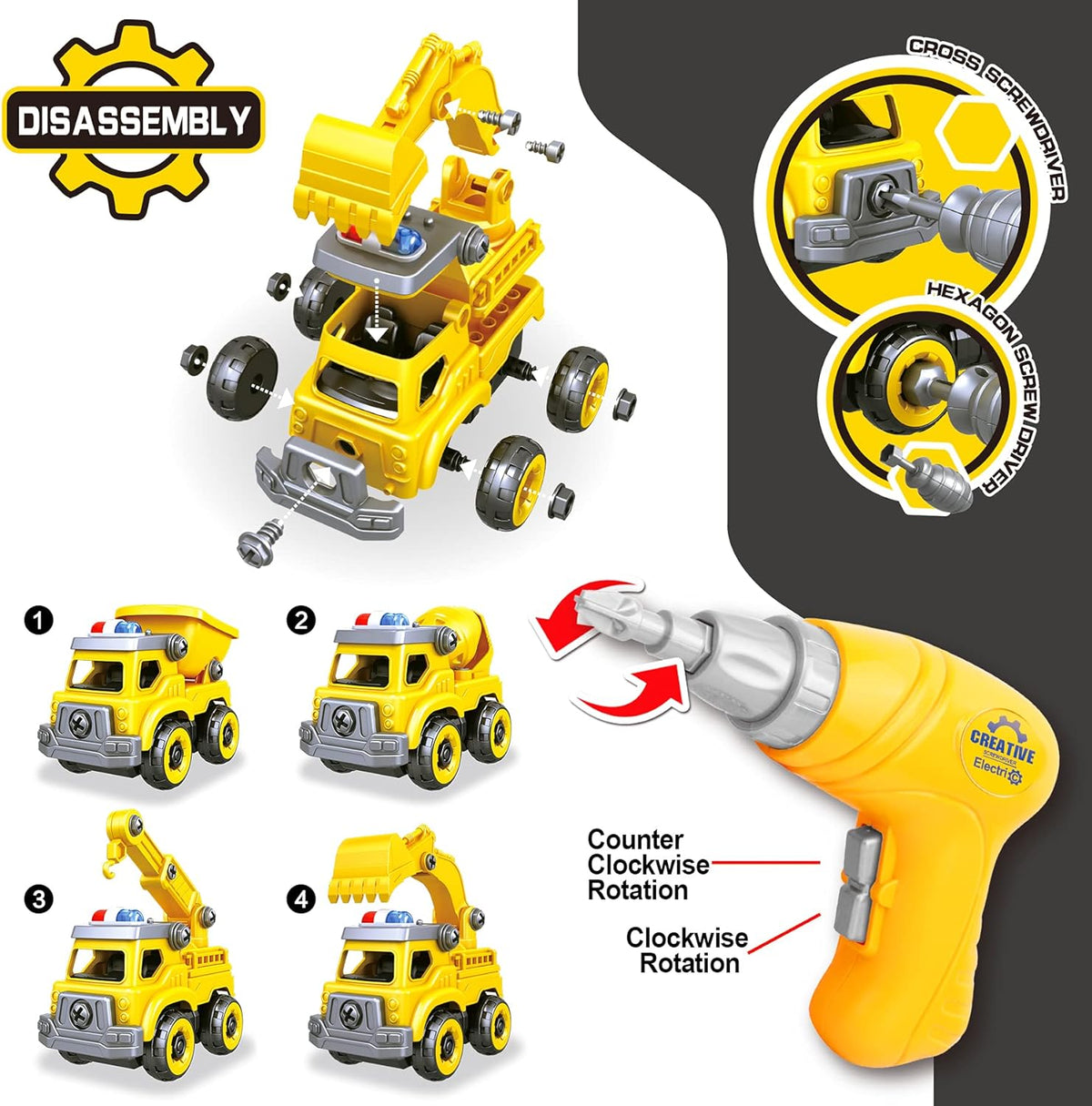 4-in-1 Take Apart Car Toys for Boys, DIY Engineering Construction Truck Toy Vehicle - Dump Truck, Cement Mixer, Excavator, Crane