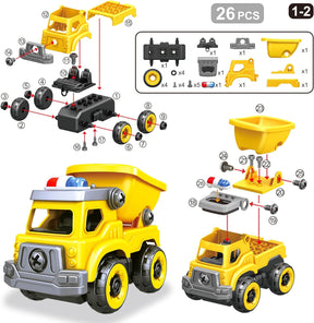 4-in-1 Take Apart Car Toys for Boys, DIY Engineering Construction Truck Toy Vehicle - Dump Truck, Cement Mixer, Excavator, Crane