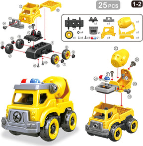 4-in-1 Take Apart Car Toys for Boys, DIY Engineering Construction Truck Toy Vehicle - Dump Truck, Cement Mixer, Excavator, Crane