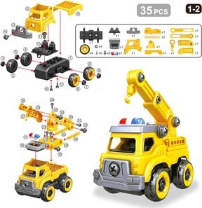 4-in-1 Take Apart Car Toys for Boys, DIY Engineering Construction Truck Toy Vehicle - Dump Truck, Cement Mixer, Excavator, Crane