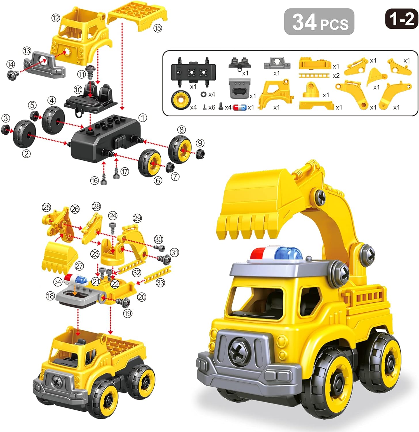 4-in-1 Take Apart Car Toys for Boys, DIY Engineering Construction Truck Toy Vehicle - Dump Truck, Cement Mixer, Excavator, Crane