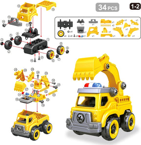 4-in-1 Take Apart Car Toys for Boys, DIY Engineering Construction Truck Toy Vehicle - Dump Truck, Cement Mixer, Excavator, Crane