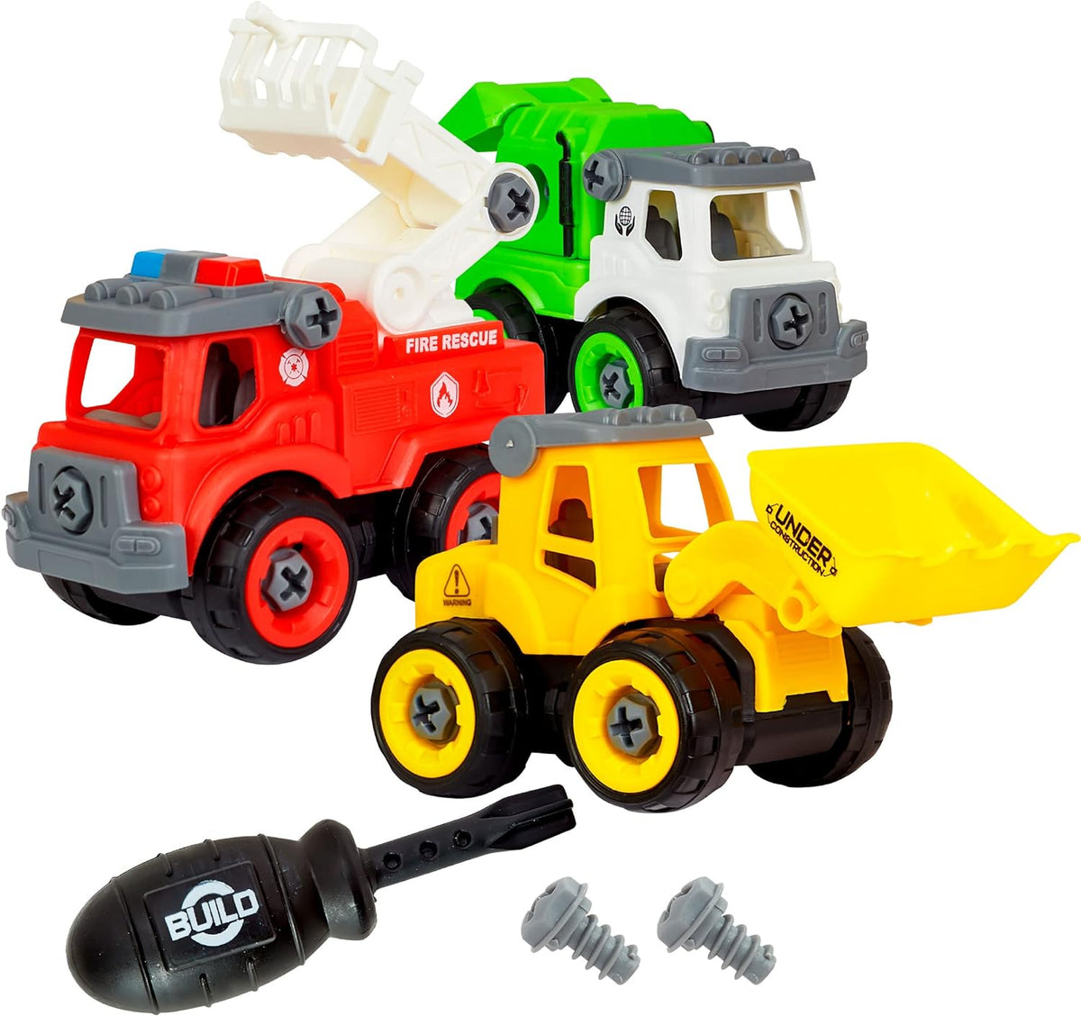 Flybar Power Gearz Take Apart Toy with Screwdriver and Screws- 3 Pack Truck Set for Boys and Girls- Fire Truck, Construction Truck, Garbage Truck- Vehicle Set - Building Toys for Kids Ages 3-5