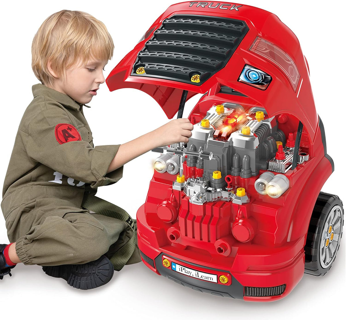 iPlay, iLearn Large Truck Engine Toy, Kids Mechanic Repair Set for 3-5 Yr Toddlers, Big Builder Kit, Take Apart Motor Vehicle Pretent Play Car Service Station, Gifts 4 6 7 8 Year Old Boy Child