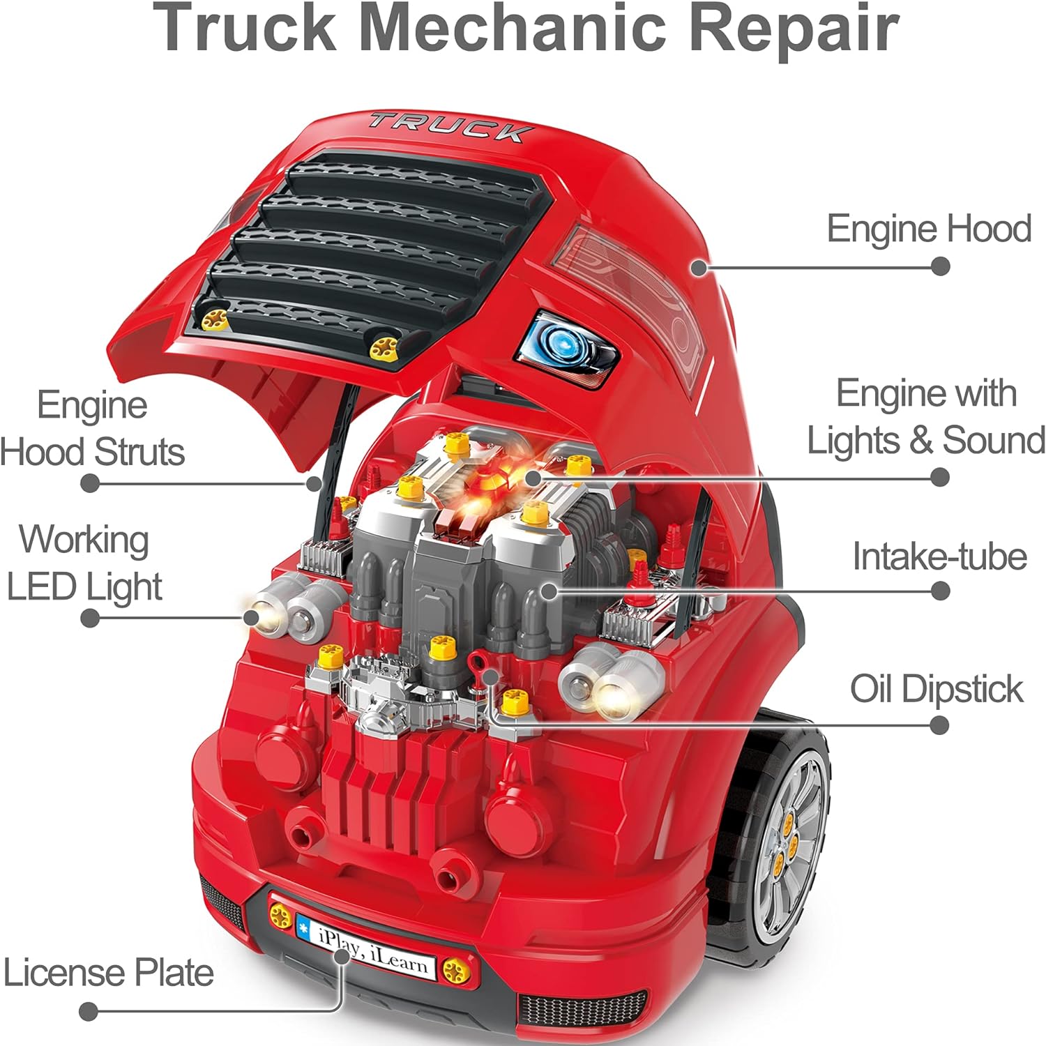 iPlay, iLearn Large Truck Engine Toy, Kids Mechanic Repair Set for 3-5 Yr Toddlers, Big Builder Kit, Take Apart Motor Vehicle Pretent Play Car Service Station