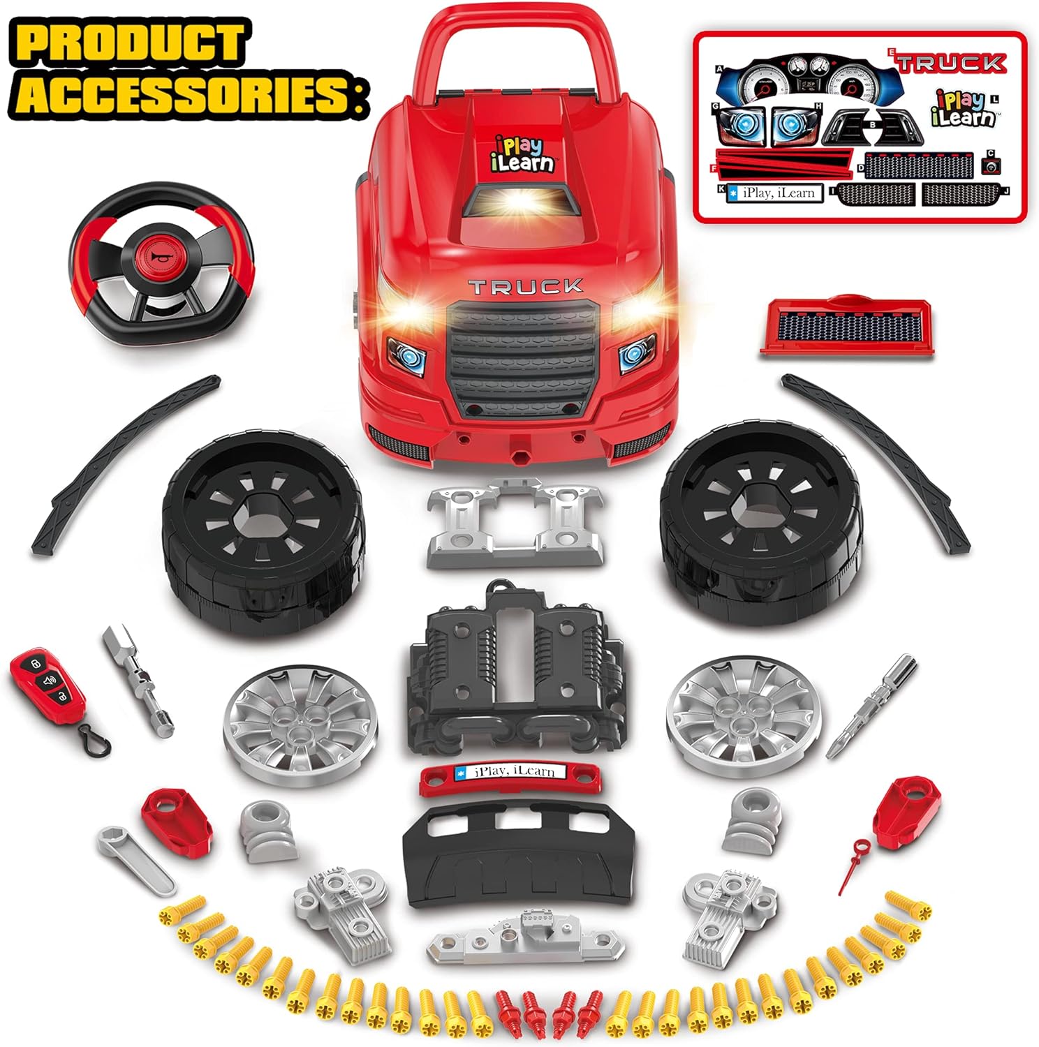 iPlay, iLearn Large Truck Engine Toy, Kids Mechanic Repair Set for 3-5 Yr Toddlers, Big Builder Kit, Take Apart Motor Vehicle Pretent Play Car Service Station