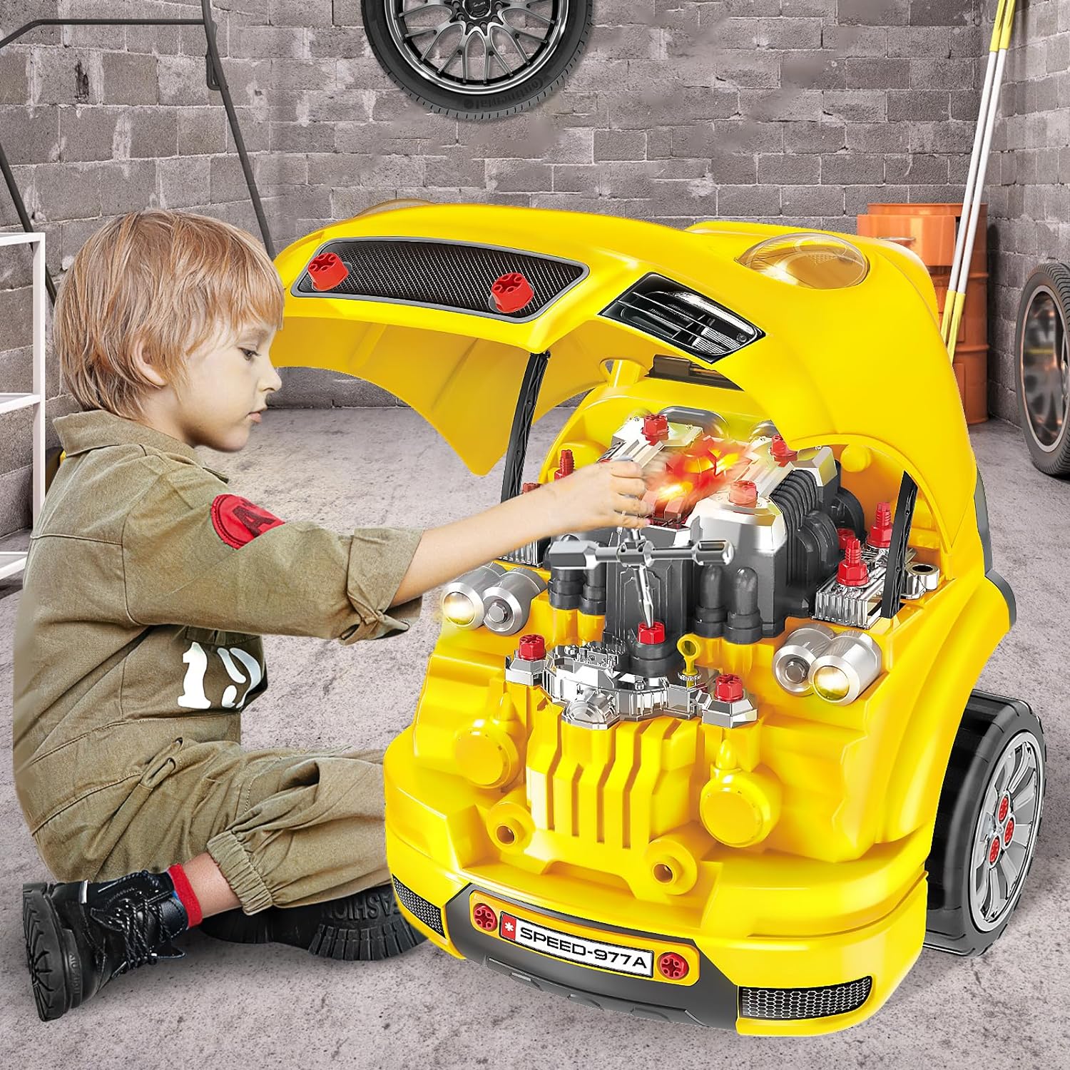 Deejoy Large Truck Builder Kit, Kids Mechanic Workshop Set with Light and Sound, Removable Engine, Yellow