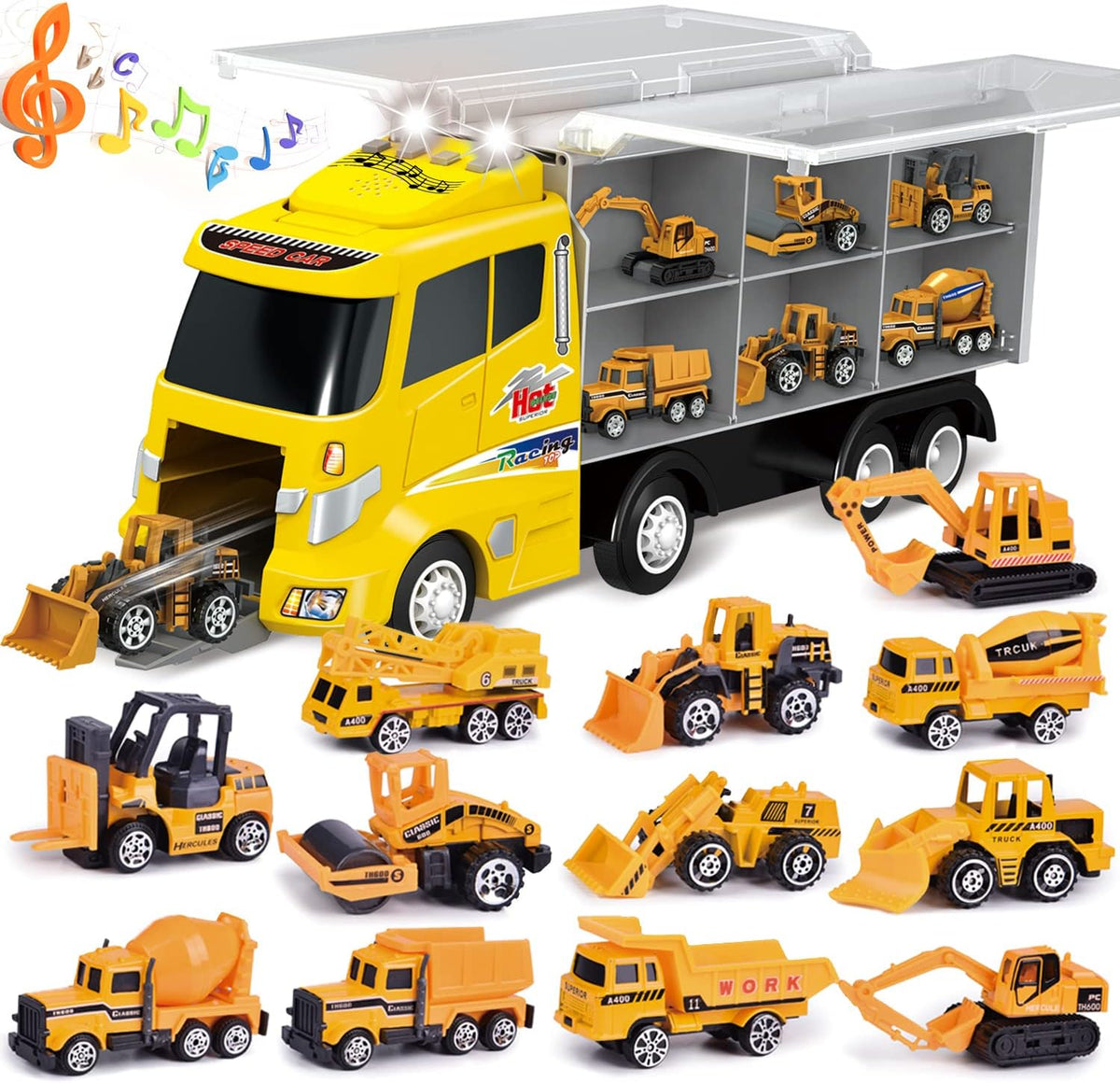 12 in 1 Construction Truck Toys Set for Toddlers, Carrier Truck with 12 Mini Cars for Kids,Transport Trucks Toy with Light and Sound,Christmas Birthday Cars Toy Gift for Boys Age 3-7