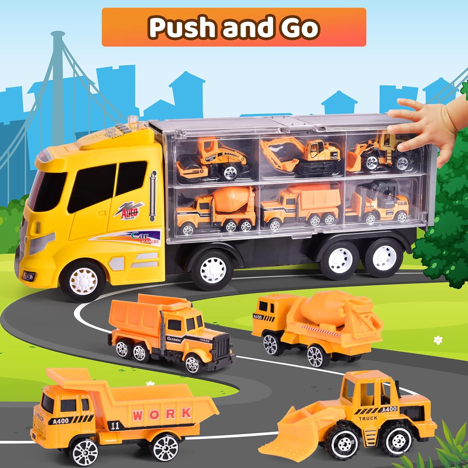 12 in 1 Construction Truck Toys Set for Toddlers, Carrier Truck with 12 Mini Cars for Kids,Transport Trucks Toy with Light and Sound