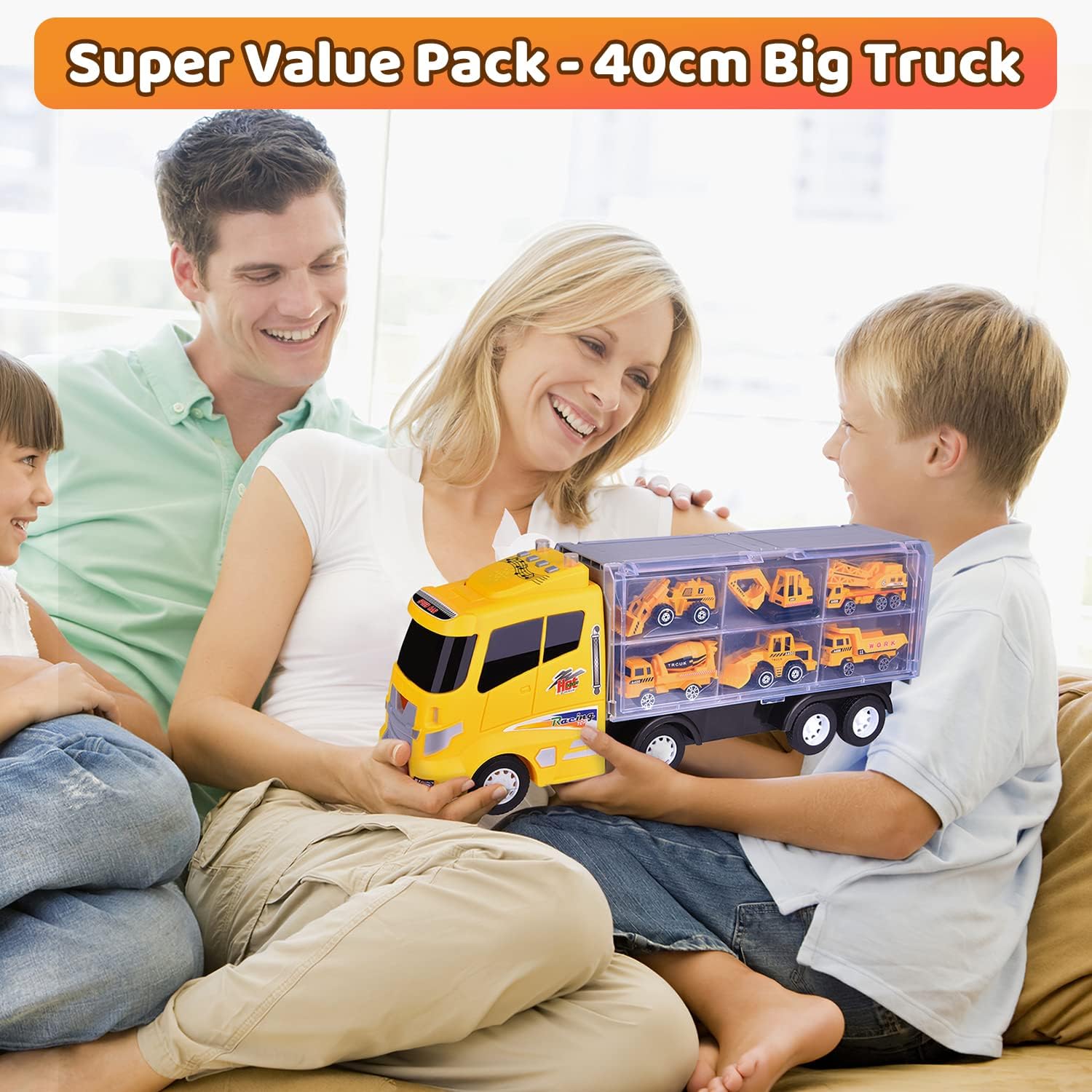 12 in 1 Construction Truck Toys Set for Toddlers, Carrier Truck with 12 Mini Cars for Kids,Transport Trucks Toy with Light and Sound