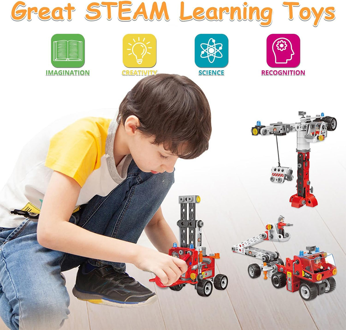 6 in 1 Educational STEM Toys Building Toys for Kids Ages 4-8, Construction Building Blocks for Kids, 187PCS Fire Truck Engineering Toys