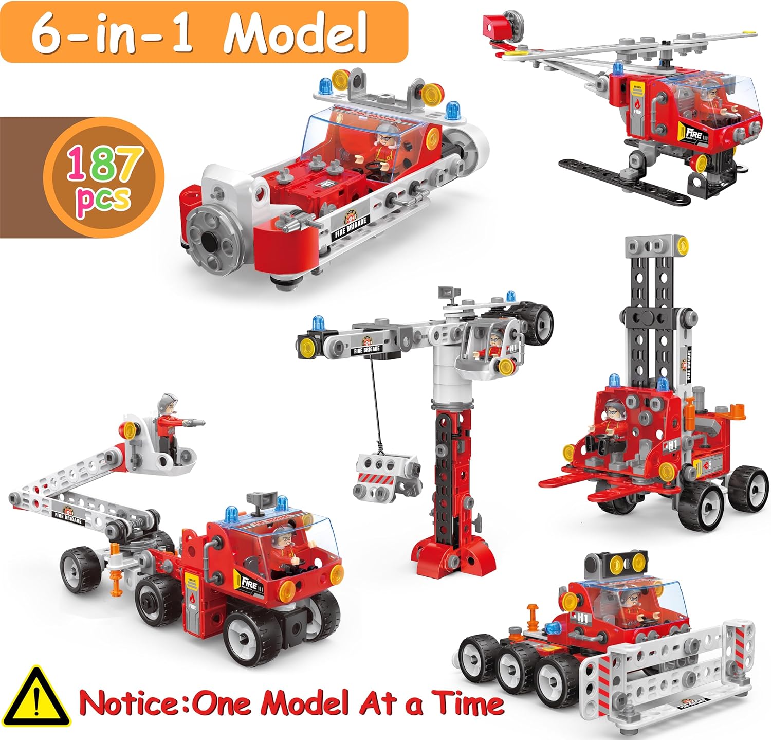 6 in 1 Educational STEM Toys Building Toys for Kids Ages 4-8, Construction Building Blocks for Kids, 187PCS Fire Truck Engineering Toys