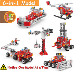 6 in 1 Educational STEM Toys Building Toys for Kids Ages 4-8, Construction Building Blocks for Kids, 187PCS Fire Truck Engineering Toys