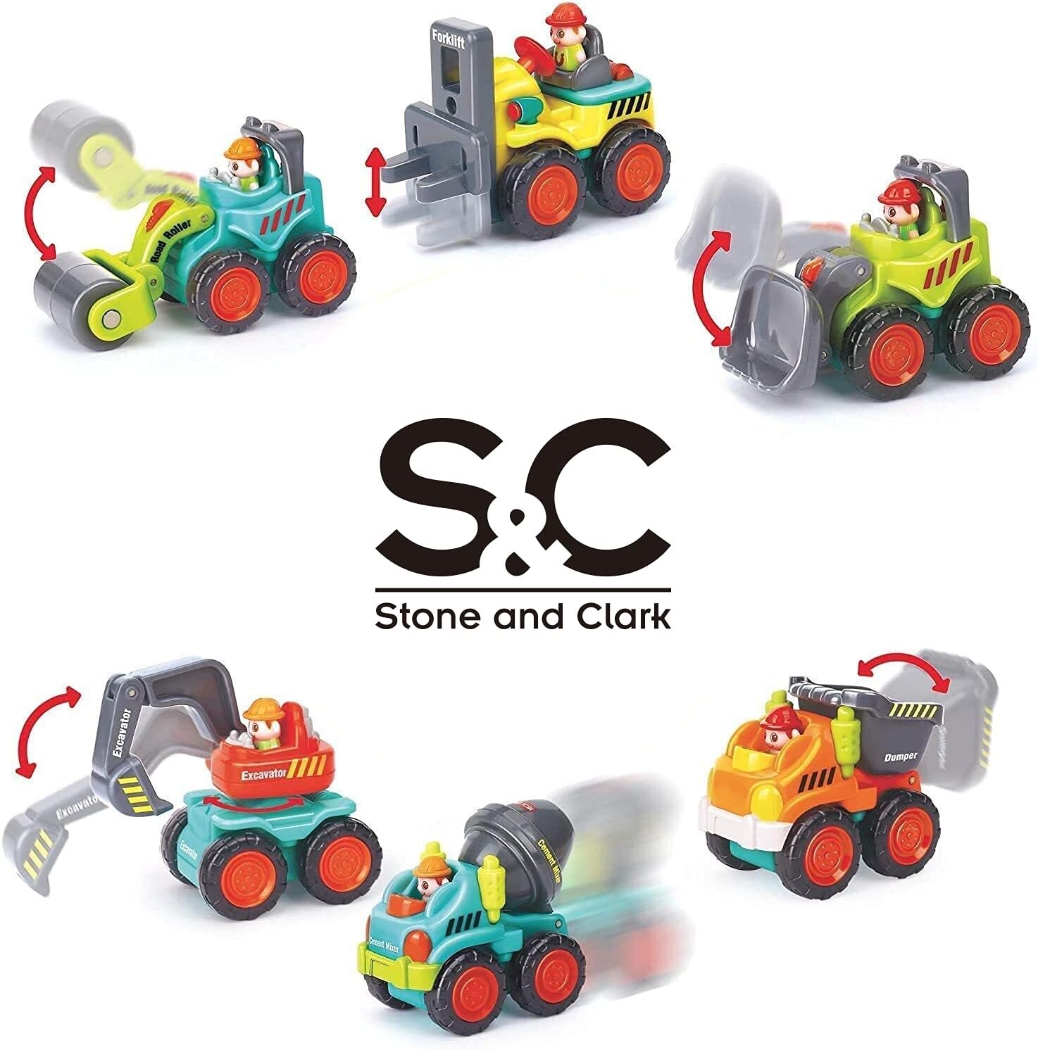 6 Pieces Construction Vehicles Toy Trucks Set - Bulldozer, Cement Mixer, Dumper, Forklift, Excavator and Road Roller for Your Little Contractor