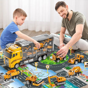 TEMI Toddler Toys for 3 4 5 6 Years Old Boys, Die-cast Construction Toys Car Carrier Vehicle Toy Set w/Play Mat, Kids Toys