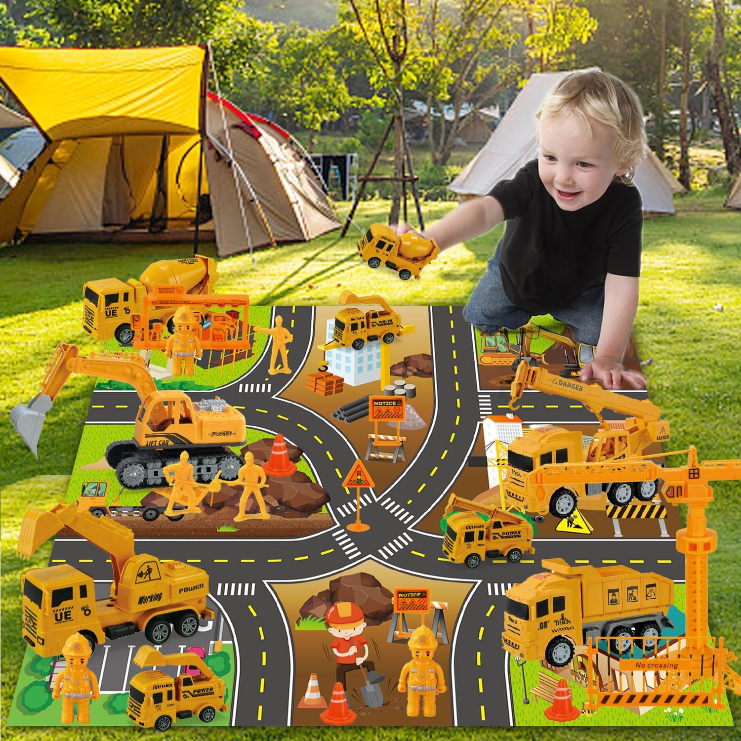 Construction Vehicle Toy Truck w/Play Mat Road Signs, Dump Trucks, Excavator, Cement Mixer Trucks, Crane, Engineering Vehicles Toys Set