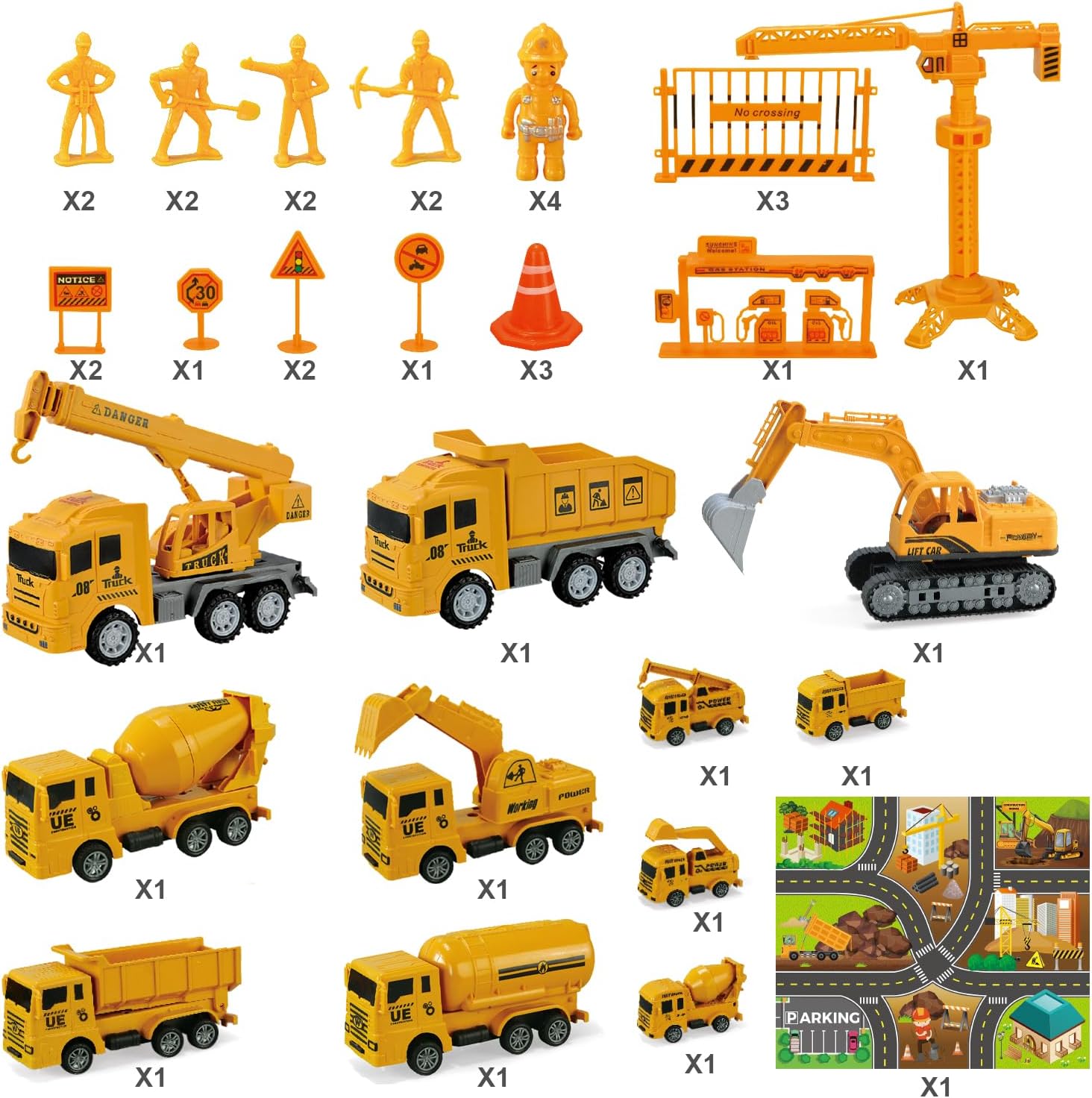 Construction Vehicle Toy Truck w/Play Mat Road Signs, Dump Trucks, Excavator, Cement Mixer Trucks, Crane, Engineering Vehicles Toys Set