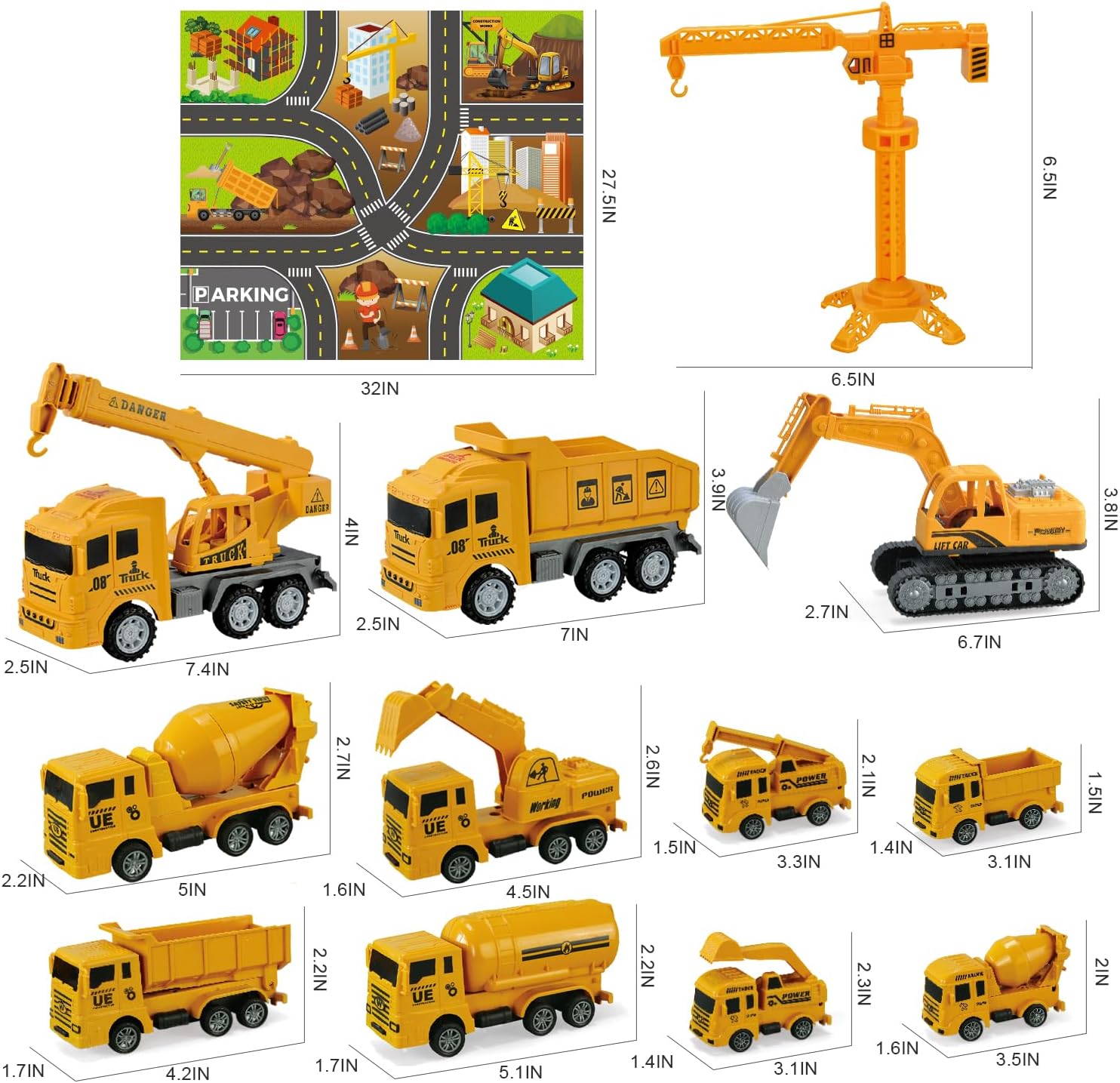 Construction Vehicle Toy Truck w/Play Mat Road Signs, Dump Trucks, Excavator, Cement Mixer Trucks, Crane, Engineering Vehicles Toys Set