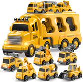 TEMI Construction Truck Toys Cars for Toddlers 3-5 - 7-in-1 Friction Power Vehicle Toy 3 4 5 6 Year Old Boys, Carrier Transport Trucks Kids Years, Car Set Age 3-9 Boys & Girls