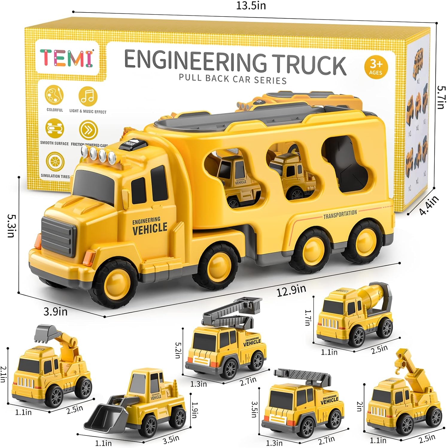 TEMI Construction Truck Toys Cars for Toddlers 7-in-1 Friction Power Vehicle Toy, Carrier Transport Trucks For Kids