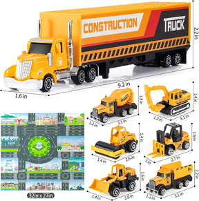 Construction Toys for Boys, Die Cast Construction Truck Toys W/Play Mat, Sand Toys Trucks Excavator, Dump Truck, Bulldozer, Mixer, Carrier, Toddler Car Toys Set