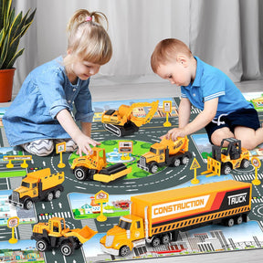 Construction Toys for Boys, Die Cast Construction Truck Toys W/Play Mat, Sand Toys Trucks Excavator, Dump Truck, Bulldozer, Mixer, Carrier, Toddler Car Toys Set