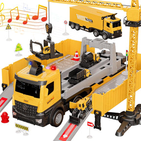 Carrier Truck Race Track Kids Toys,Construction Truck Toys Set with Crane,Excavator,Bulldozer,Dump Trucks,Cement Truck Alloy Vehicle Toys Christmas Easter Birthday for 3 4 5 6 7 Years Old Boys Gifts