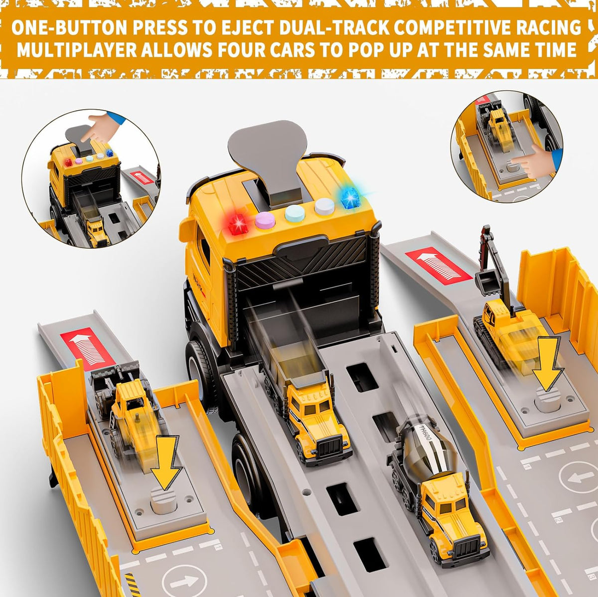 Carrier Truck Race Track Kids Toys, Construction Truck Toys Set with Crane, Excavator, Bulldozer, Dump Trucks, Cement Truck Alloy Vehicle Toys