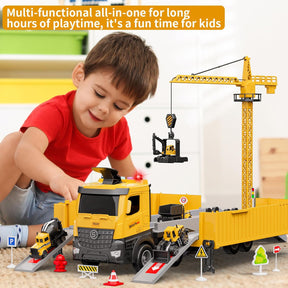 Carrier Truck Race Track Kids Toys, Construction Truck Toys Set with Crane, Excavator, Bulldozer, Dump Trucks, Cement Truck Alloy Vehicle Toys