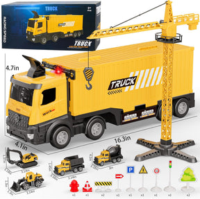 Carrier Truck Race Track Kids Toys, Construction Truck Toys Set with Crane, Excavator, Bulldozer, Dump Trucks, Cement Truck Alloy Vehicle Toys