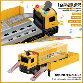 Carrier Truck Race Track Kids Toys, Construction Truck Toys Set with Crane, Excavator, Bulldozer, Dump Trucks, Cement Truck Alloy Vehicle Toys