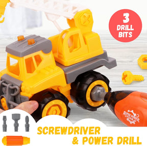 Construction Trucks Take Apart Toys for Kids Age 3-5 Toddlers Set of 3 Vehicles Excavator, Crane, Dump Truck Toy with Screwdriver and Drill