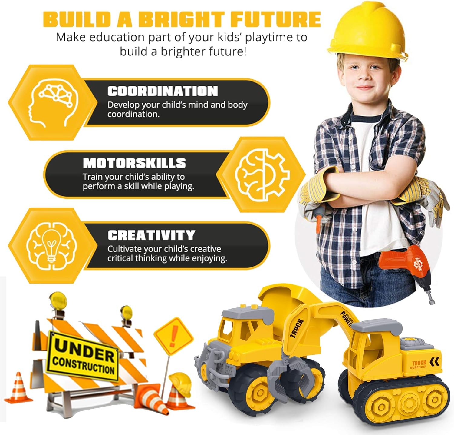 Construction Trucks Take Apart Toys for Kids Age 3-5 Toddlers Set of 3 Vehicles Excavator, Crane, Dump Truck Toy with Screwdriver and Drill