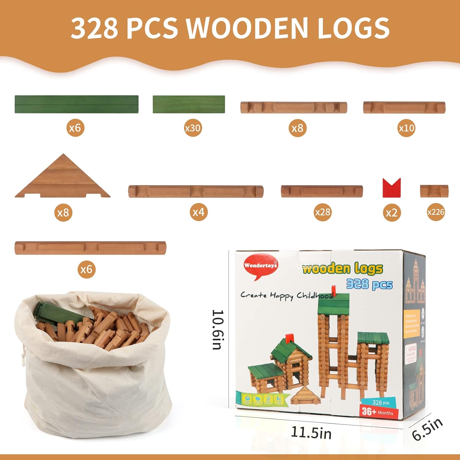 328 Pcs Wooden Logs Set Ages 3+, Classic Building Log Toys for Kids