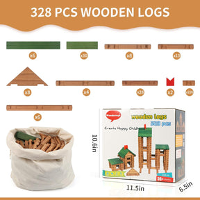 328 Pcs Wooden Logs Set Ages 3+, Classic Building Log Toys for Kids