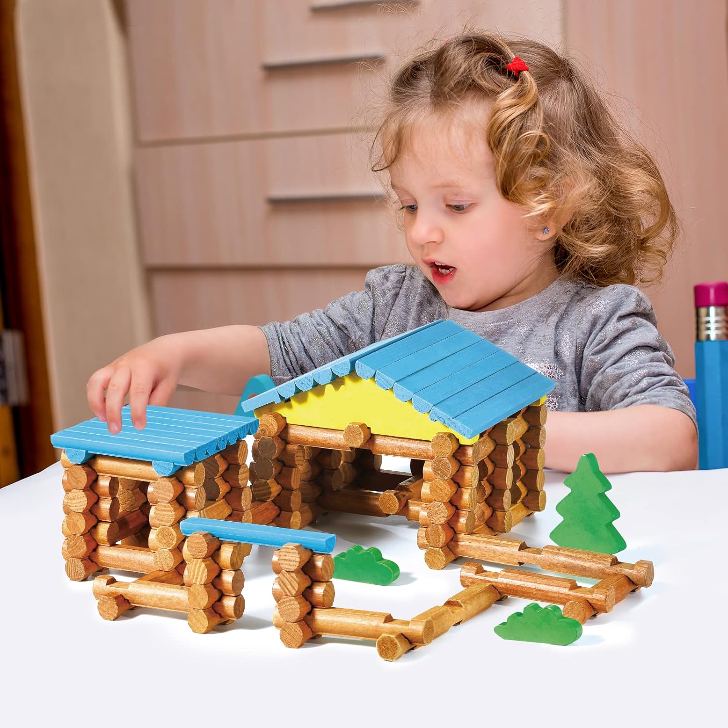 239 Pieces Real Wood Logs Set Ages 3+, Classic Building Log Gift Set for Boys/Girls