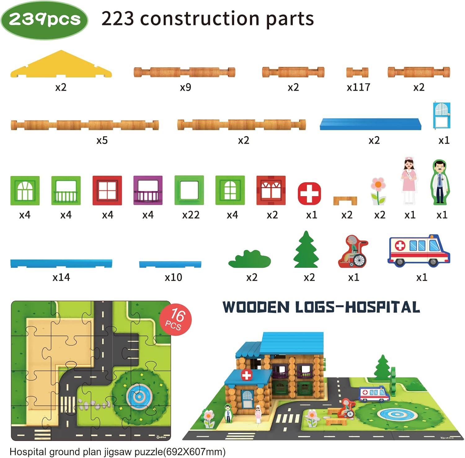 239 Pieces Real Wood Logs Set Ages 3+, Classic Building Log Gift Set for Boys/Girls