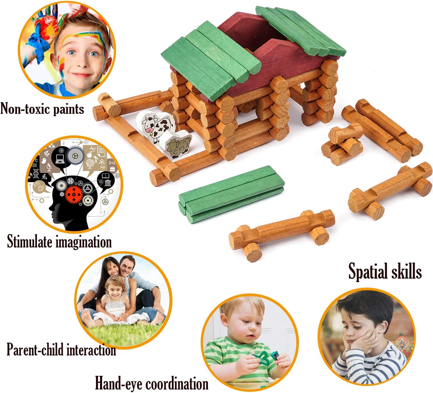 170 Pieces Wood Logs Set Ages 3+, Classic Building Log Toys