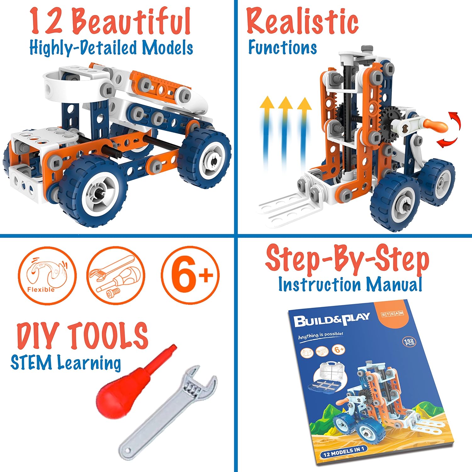 12-in-1 Stem Kit Toy for Kids - 152 Piece Construction Building Set and Education Learning Toy